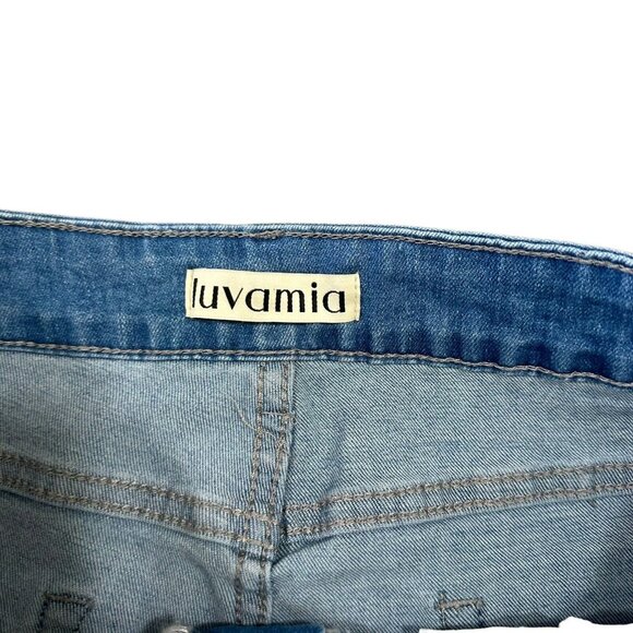Luvamia Women's SZ M- Mid Rise Denim Shorts Stretch Ripped Raw Hem Jean Shorts - Picture 3 of 10